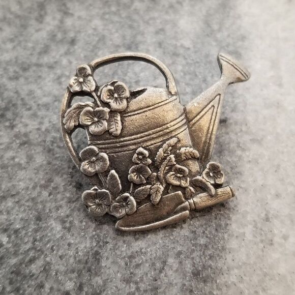 Vintage Birds and Bloom Watering Can and Flowers Brooch Lapel Pin - Picture 6 of 6